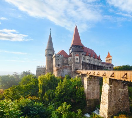 Téléchargez les photos : Château de Corvin vue du matin d'été (Hunedoara, Transylvanie, Roumanie). A été aménagé en 1446 - en image libre de droit
