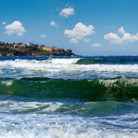 Photo for Sea stormy view from beach and houses on coast , Bulgaria. - Royalty Free Image