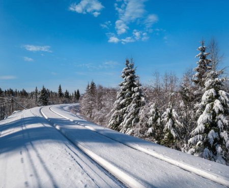 Téléchargez les photos : Chemin de fer à travers la forêt de sapins neigeux et casque alpin éloigné dans les montagnes des Carpates, les dérives de neige sur le bord de la route - en image libre de droit