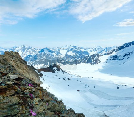 Téléchargez les photos : Vue sur la montagne depuis la station supérieure de Karlesjoch bahn (3108 m., près de Kaunertal Gletscher à la frontière Autriche-Italie) avec fleurs alpines sur téléski - en image libre de droit
