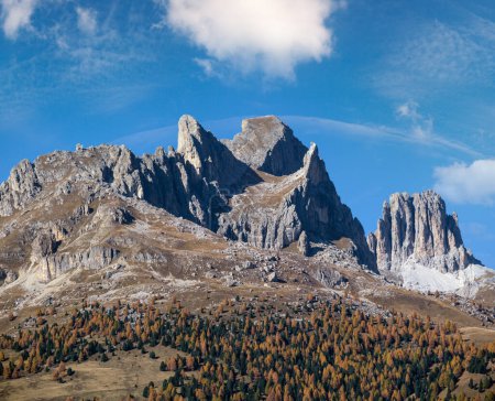 Photo for Autumn alpine Dolomites scene, Moena, Sudtirol, Italy. Peaceful rocky mountain tops view. - Royalty Free Image