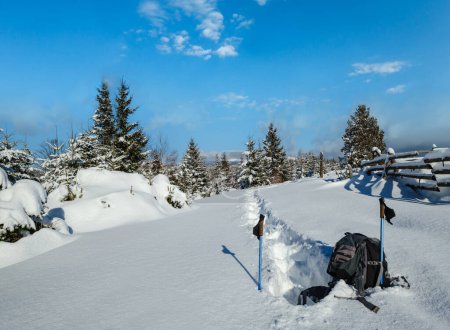 Foto de Invierno remoto pueblo alpino a las afueras, nieve deriva en el borde del bosque de abeto de montaña. Mochila turística en un camino de senderismo recién pisado. - Imagen libre de derechos