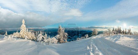 Téléchargez les photos : Soirée ensoleillée hiver calme paysage montagneux avec de beaux arbres verglaçants, sentier de randonnée et piste de ski à travers les dérives de neige sur la pente de montagne (Carpates, Ukraine). Panorama haute résolution
. - en image libre de droit