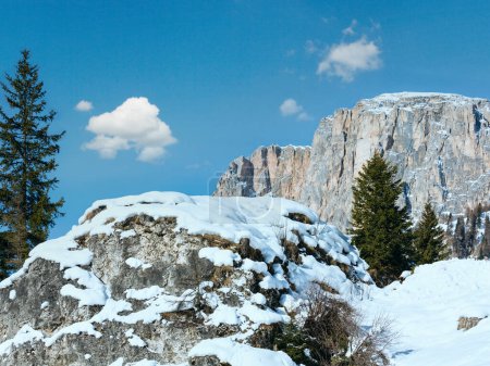 Photo for Beautiful winter rocky mountain landscape. Italy Dolomites, at the foot of Passo Gardena, South Tyrol. - Royalty Free Image