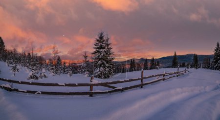 Foto de Invierno colinas nevadas, pistas en el camino de tierra rural y árboles en la última noche la luz del sol puesta del sol. Pequeño y tranquilo pueblo alpino afueras. - Imagen libre de derechos