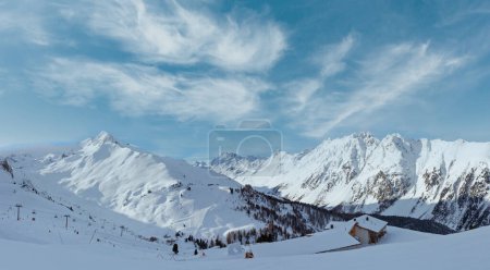 Photo for Morning winter Silvretta Alps landscape. Ski resort, Tyrol, Austria. All skiers are unrecognizable. - Royalty Free Image