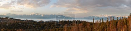 Photo for Spring dusk Carpathian mountains landscape with snow-covered ridges in far, Ukraine. From left to right - Hoverla, Petros, Blyznycja tops. - Royalty Free Image