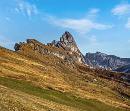 Photo for Picturesque autumn Alps mountain scene, famous italian Dolomites Seceda rock, Sass Rigais, Sudtirol, Italy. Beautiful traveling, seasonal and nature beauty concept scene. - Royalty Free Image