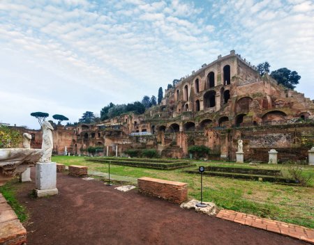 Former gardens of House of Vestal Virgins in front of granary ruins, Roman Forum, Rome, Italy, Europe.