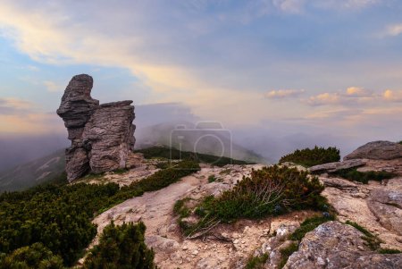 Téléchargez les photos : Crête montagneuse estivale avec de grandes roches pierreuses verticales. Nuages et brouillard. Carpates, Chornohora, Vuhatyj Kaminj, Ukraine
. - en image libre de droit