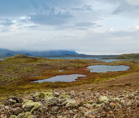 Téléchargez les photos : Vue pendant le voyage en auto dans les hautes terres de l'ouest de l'Islande, la péninsule de Snaefellsnes, le parc national Snaefellsjokull. Paysage spectaculaire de la toundra volcanique avec montagnes, cratères, lacs, routes de gravier. - en image libre de droit
