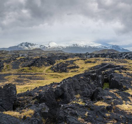 Téléchargez les photos : View during auto trip in West Iceland, Snaefellsnes peninsula, View Point near Svortuloft Lighthouse. Spectacular black volcanic rocks and snowy Snaefellsjokull Volcano in far. - en image libre de droit