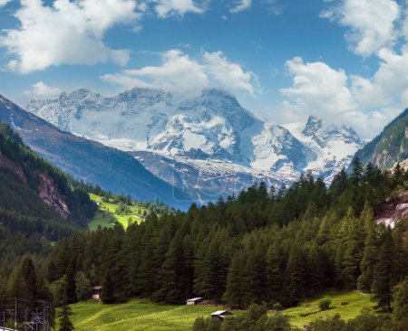 Foto de Verano Alpes paisaje de montaña con bosque de abeto en la pendiente y cubiertas de nieve rocas en lejos, Suiza
. - Imagen libre de derechos