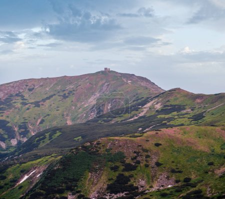 Massif of Pip Ivan with the ruins of the observatory on top. Pink rhododendron flowers on summer mountain slope, Carpathian, Chornohora, Ukraine.