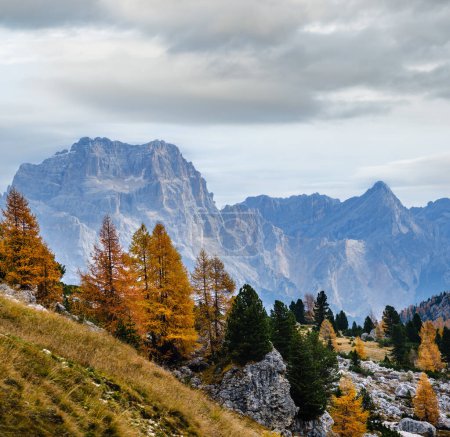 Nublado mañana otoño alpino Dolomitas escena de montaña. Vista pacífica cerca de Valparola y Falzarego Path, Belluno, Italia. Pintoresco viaje, estacional, naturaleza y paisaje belleza concepto escena
.