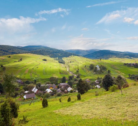 Téléchargez les photos : Belle montagne d'été et petit village à flanc de montagne (Carpates. Ukraine
) - en image libre de droit