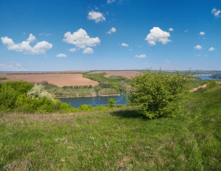 Increíble vista de primavera en el cañón del río Dnister con pintorescas rocas, campos, flores. Este lugar llamado Shyshkovi Gorby, Nahoriany, región de Chernivtsi, Ucrania.