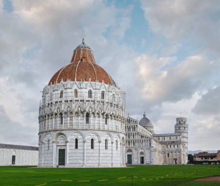 Piazza dei Miracoli (Baptistry of St. John (build 1152-1363), Pisa Cathedral (build 1063- XIII) and Leaning Tower of Pisa (build 1173-1360)). All people are unrecognizable.
