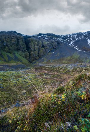 Téléchargez les photos : View during auto trip in West Iceland highlands, Snaefellsnes peninsula, Snaefellsjokull National Park. Spectacular volcanic view of Raudfeldsgja Gorge. - en image libre de droit