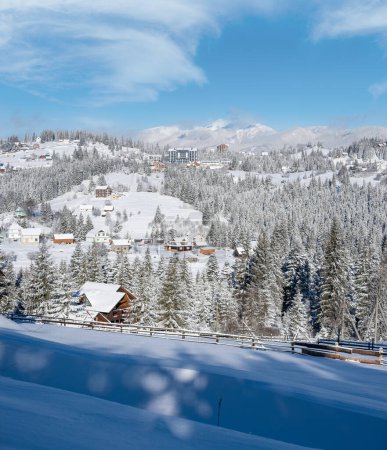Winter picturesque Gorgany massiv mountains scenery view from Yablunytsia pass, Carpathians, Ukraine.