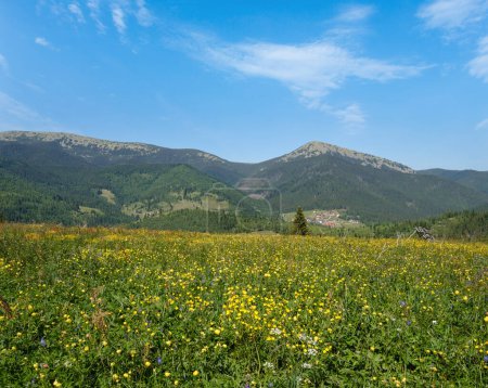 Foto de Verano pintoresco Gorgany macizo montañas paisaje vista desde la colina Sevenei (cerca del paso Yablunytsia, Cárpatos, Ucrania.) - Imagen libre de derechos