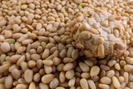 Photo for Close up of a fresh baked italian pignoli cookie on top of a bed of pine nuts - Royalty Free Image