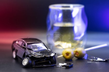 concept image created with a toy car smashed and placed with a drink and olives in the background with red and blur lights