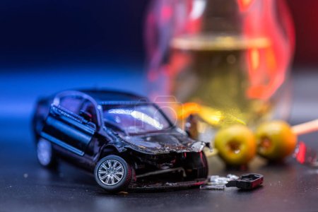 Foto de Concept image created with a toy car smashed and placed with a drink and olives in the background with red and blur lights - Imagen libre de derechos