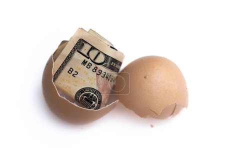 Photo for Concept image using a 10 dollar bill inside of a cracked egg on a white background - Royalty Free Image