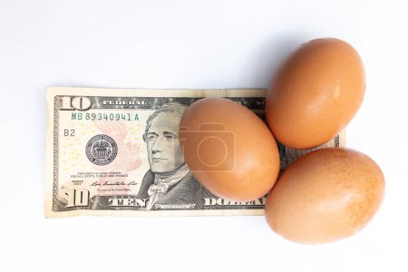 Foto de Fresh eggs on top of a 10 dollar US bill on a white background - Imagen libre de derechos
