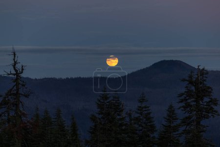 Foto de Primer plano de la superluna de cosecha que se eleva sobre las montañas en cascada en el sur de Oregon. - Imagen libre de derechos
