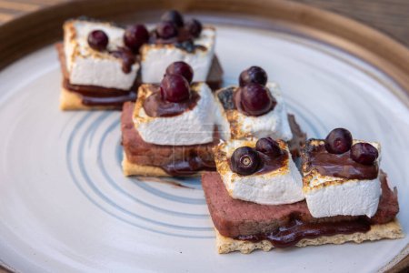Photo for Delicious huckleberry beef stores with toasted marshmallows with melted chocolate and a huckleberry sauce served outdoors - Royalty Free Image