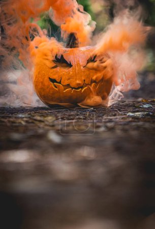 Photo for Close up of a carved pumpkin for halloween with smoke coming out of the cut outs in a natural spooky forest setting - Royalty Free Image
