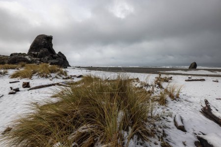 Téléchargez les photos : Embrasser le rocher juste au sud de Gold Beach recouvert de neige Février 2023 - en image libre de droit