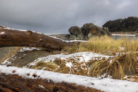 Téléchargez les photos : Plage de tortues rocheuses recouverte de neige après une rare tempête hivernale amenant de la neige sur la côte sud de l'Oregon fin février 2023 - en image libre de droit