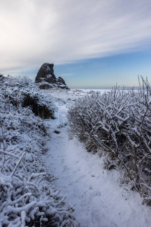 Téléchargez les photos : Arrêt populaire à Gold Beach Oregon connu sous le nom de Kissing rock avec un paysage enneigé en raison d'une rare tempête hivernale en février 2023 - en image libre de droit