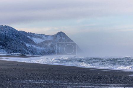 Téléchargez les photos : Cap Sébastien au sud de Gold Beach Oregon avec neige et océan orageux après une tempête hivernale en février 2023 - en image libre de droit