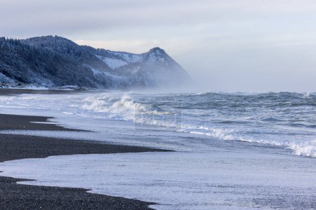 Photo for Cape Sebastian south of Gold Beach Oregon with snow and stormy ocean after a winter storm in February 2023 - Royalty Free Image
