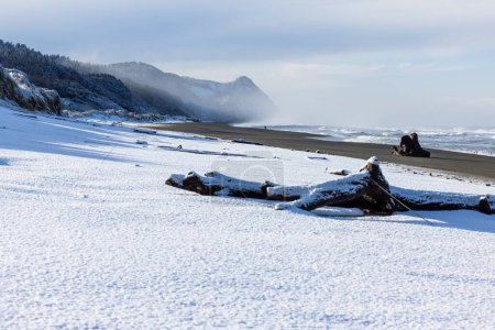 Foto de Cabo Sebastián al sur de Gold Beach Oregon con nieve y océano tormentoso después de una tormenta de invierno en febrero de 2023 - Imagen libre de derechos