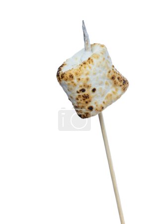 Foto de Primer plano de un malvavisco tostado sobre un palo aislado sobre un fondo blanco - Imagen libre de derechos