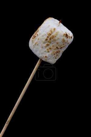 Photo for Close up of a roasted marshmallow on a stick isolated on a black background - Royalty Free Image