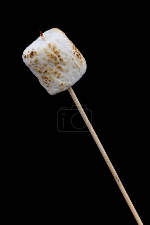 Photo for Close up of a roasted marshmallow on a stick isolated on a black background - Royalty Free Image