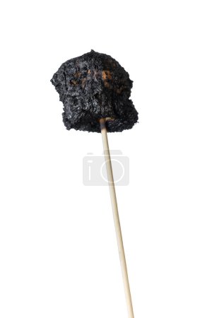 Téléchargez les photos : Gros plan d'une guimauve brûlée sur un bâton isolé sur un fond blanc - en image libre de droit