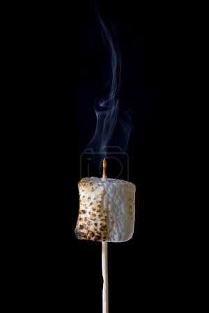 Téléchargez les photos : Gros plan d'une guimauve fumante et rôtie sur un bâton isolé sur un fond noir - en image libre de droit