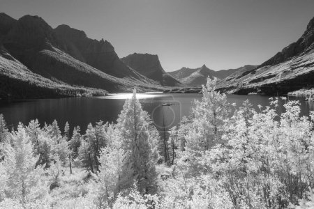 Téléchargez les photos : Image monochromatique du parc national des Glaciers dans l'infrarouge avec une caméra entièrement convertie montrant une perspective unique de cet incroyable parc du Montana. - en image libre de droit