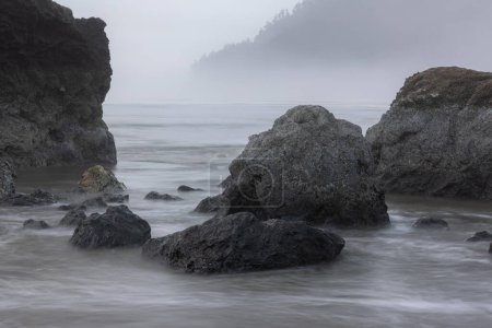 A rocky shoreline with a foggy, misty atmosphere. The rocks are scattered throughout the scene, with some closer to the water and others further away. The water appears calm and still