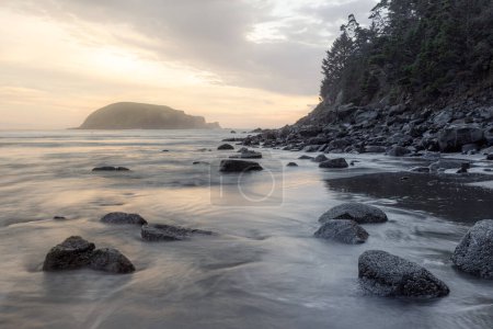 Téléchargez les photos : Un rivage rocheux avec une petite île au loin. L'eau est calme et le ciel est nuageux - en image libre de droit