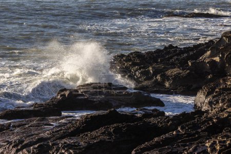 Foto de El océano está tranquilo y las olas son pequeñas. Las rocas son grises y el agua es azul - Imagen libre de derechos