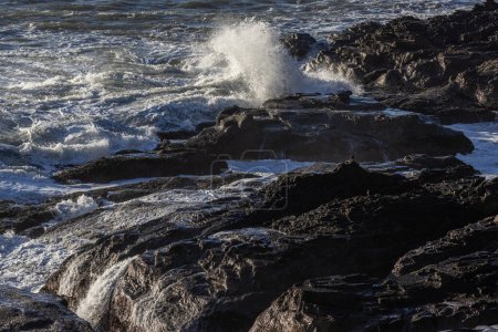 Photo for The ocean is rough and the waves are crashing against the rocks. The water is white and the rocks are black - Royalty Free Image