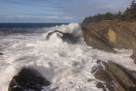 Téléchargez les photos : Shore Acres est un endroit très populaire pour regarder les vagues géantes s'écraser contre la ligne de rivage rocheuse. - en image libre de droit